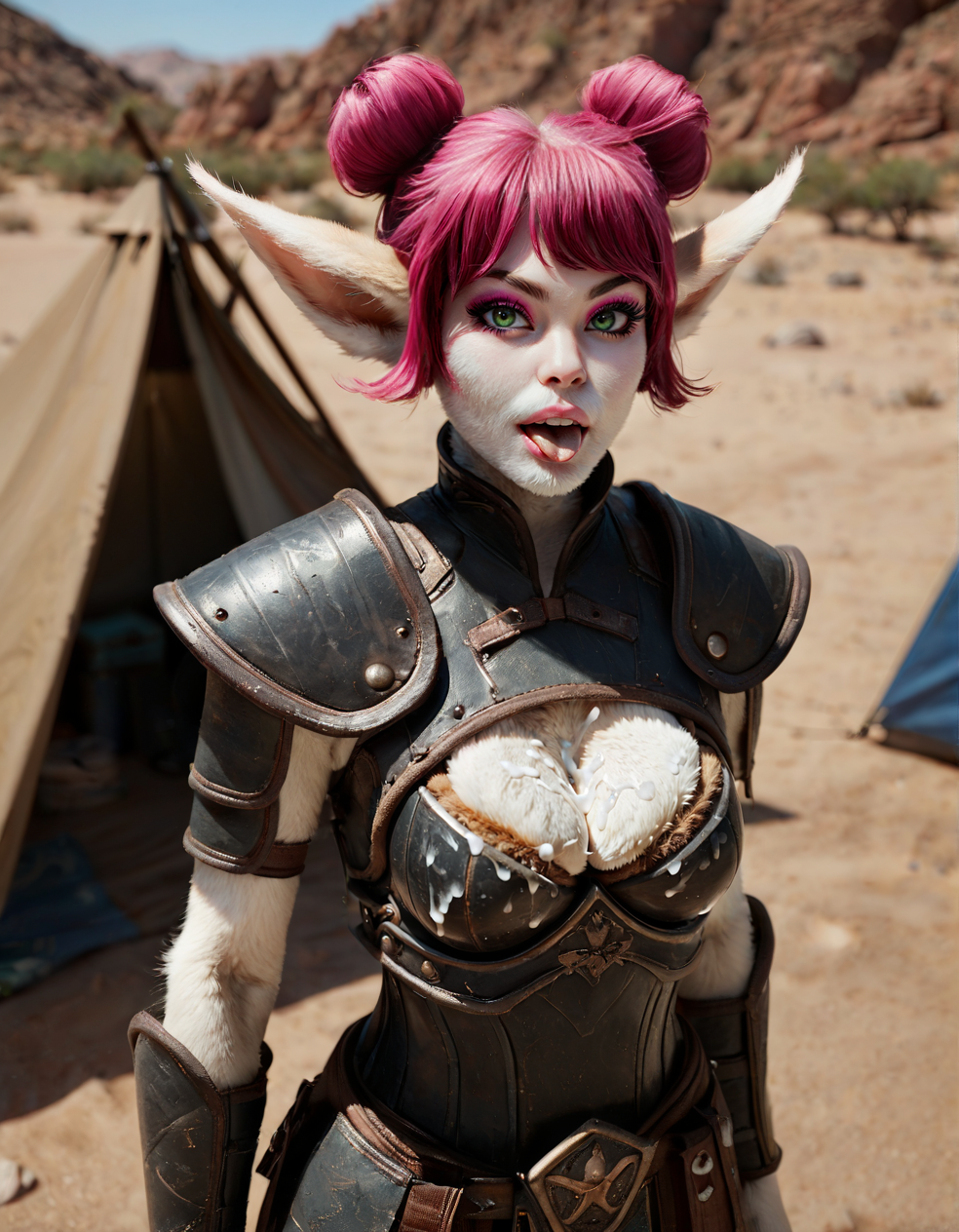 score_9, score_8_up, score_7_up, realistic, <lora:yatzli_lora_v2_7:0.7>, 1girl, solo, yatzli, furry female, (white face fur:1.1), nose, pink hair, double bun, large animal ears, pink lips, big eyes, freckles, green eyes, black eyeliner, pink eyeshadow, long eyelashes, (white body fur, furry breasts, furry arms:1.2), petite, armor, cleavage cutout, cleavage, (medium breasts:1.1), sagging breasts, bursting breasts, (skindentation:1.2), looking at viewer, open mouth, tongue out, arms at sides, cinematic lighting, depth of field, desert, tent, <lora:StS_PonyXL_Detail_Slider_v1.4_iteration_3:3>