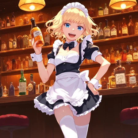 score_9, score_8_up, score_7_up, leivinia-birdway, toaru, 1girl, 1girl, solo, thighhighs, blonde hair, blue eyes, maid headdress, maid, open mouth, smile, white thighhighs, apron, short hair, wrist cuffs, hand on hip, bow, bowtie, looking at viewer, :d, bottle, bar (place), detached collar