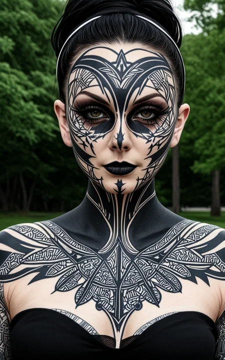 a woman with face in DarkTatExStarz style <lora:DarkTatExStarz:1.0> standing in the park