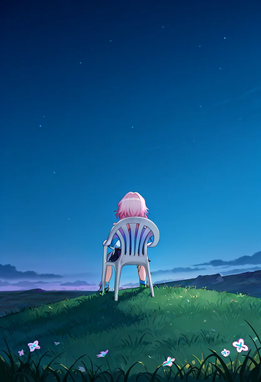 (masterpiece, high quality, amazing detail), highres, 1girl, march 7th \\(honkai: star rail\\), solo, monobloc chair, sitting, from behind, field, grass, night, on cliff, <lora:monobloc_chair:1>
