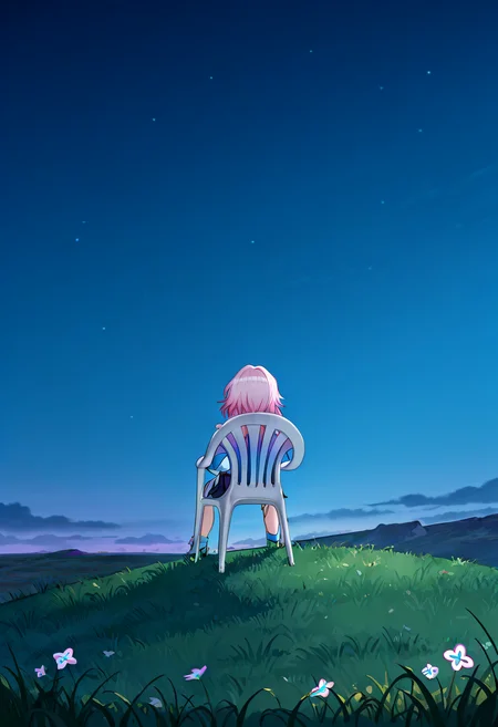 (masterpiece, high quality, amazing detail), highres, 1girl, march 7th \\(honkai: star rail\\), solo, monobloc chair, sitting, from behind, field, grass, night, on cliff, <lora:monobloc_chair:1>