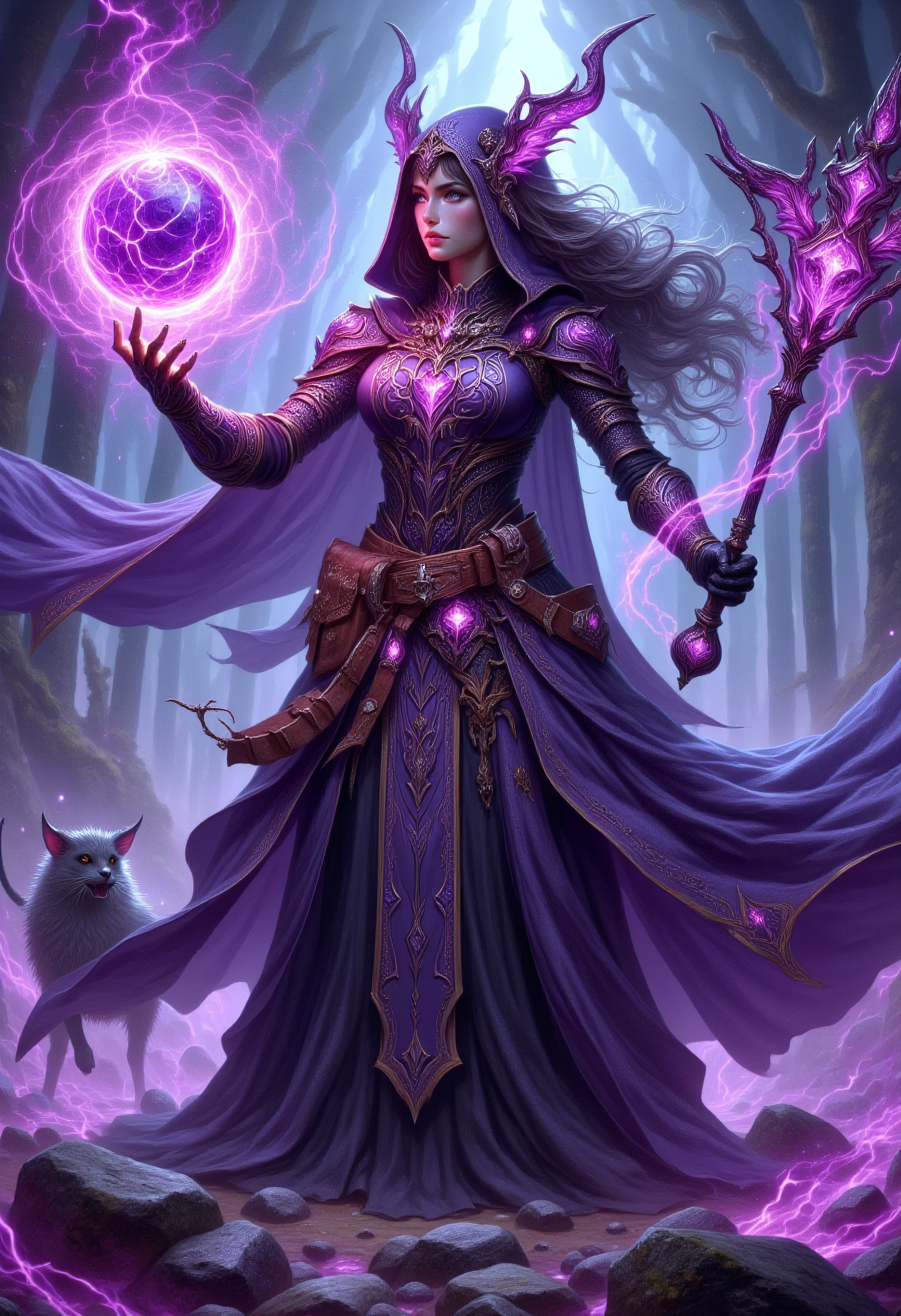 realistic scenery, ultra high quality, very detailed, a gorgeous female warlock  wearing a purple necromancer body armor and levitating her purple necromancer orb, a purple demonic fel aura surounds her gear and her staff, she is companied by her imp, from above, <lora:Elementalists>