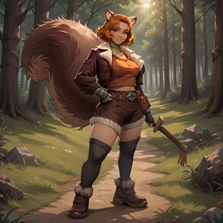 score_9, score_8, BREAK, solo, Squirrel_Girl_(Marvel_Rivals), orange hair, short hair, brown shorts, brown jacket, green eyes, orange tank top, navel, belt, black thighsocks, black fingerless gloves, squirrel ears, squirrel tail, green choker, brown shoes, self portrait, smile, looking at viewer, outdoors, sunlight, shadows, evening lighting, natural lighting, forest, trees, grass, orange sky, sunset