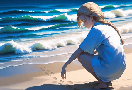 night shot of masterpiece, ultra-HD, impressionism (1.5), high detail, depth of field,
katyastik, 1girl, solo, long hair, braid, blonde hair, jewelry, earrings, single braid, green eyes, single braid, stud earrings,
solo, looking away, squatting, looking down, drawing on sand, barefoot, beach, ocean, waves, water, short sleeves, oversized clothes, shirt, sand, bare legs, very awa, (from behind:1.2), footprints, , masterpiece, best quality, year 2024, newest, highres, absurdres, very Aesthetic
<lora:NOOB_vp1_detailer_by_volnovik_v1:1.4> dark theme <lora:nhl-001:1> nhl-001, limited palette, realistic, <lora:katyastikTEST:1>. Dark, lit, moody, mysterious