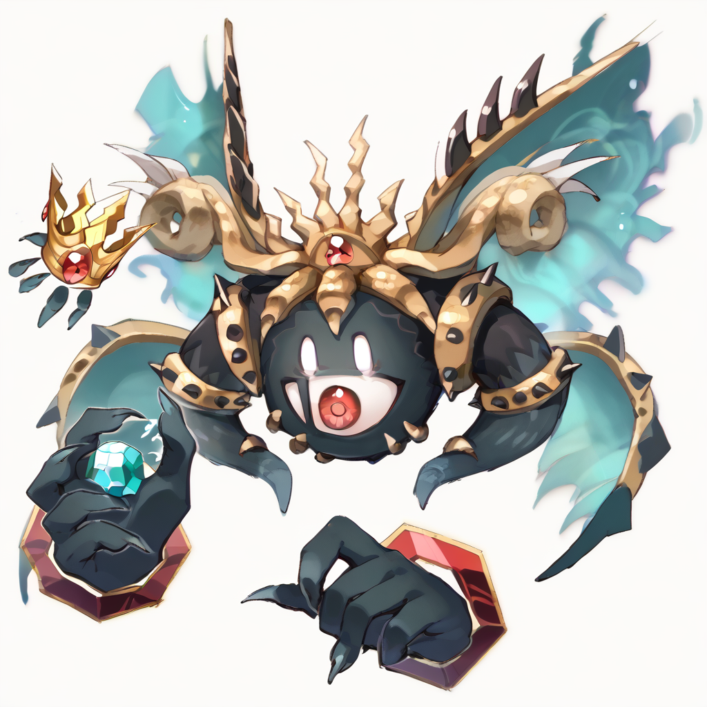 score_9, solo
 <lora:Mahosoul:1> mahosoul, claws, crown, disembodied hand, extra eyes, gem, gold crown, red eyes, red gemstone, solid oval eyes, white eyes, wings, rayman limbs