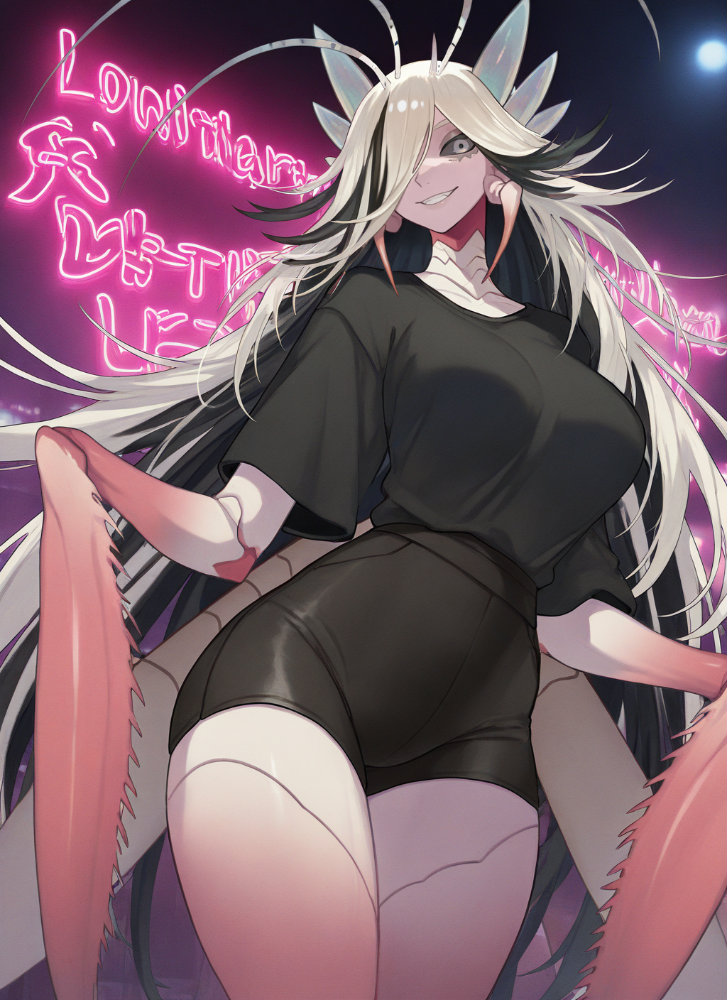 artist:, masterpiece, best quality, newest, very awa, absurdres, highres, mnts, 1girl, grin, pink skin, pink carapace, grey eyes, very long hair, multicolored colored hair, white hair, black hair, black schelra, clothed, black t-shirt, tight shorts, neon lights, detailed, <lora:SDXL\Illustrous\Concept\Mantis_girl_concept:1.0>