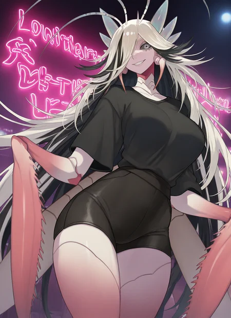 artist:, masterpiece, best quality, newest, very awa, absurdres, highres, mnts, 1girl, grin, pink skin, pink carapace, grey eyes, very long hair, multicolored colored hair, white hair, black hair, black schelra, clothed, black t-shirt, tight shorts, neon lights, detailed, <lora:SDXL\Illustrous\Concept\Mantis_girl_concept:1.0>