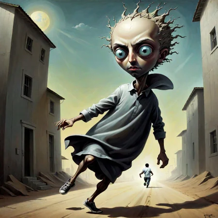 man running away from his own shadow juba gaga didi dompa mixi maxi snupp
 rooted man 
lowbrow art style  ,surreal, tilt swift