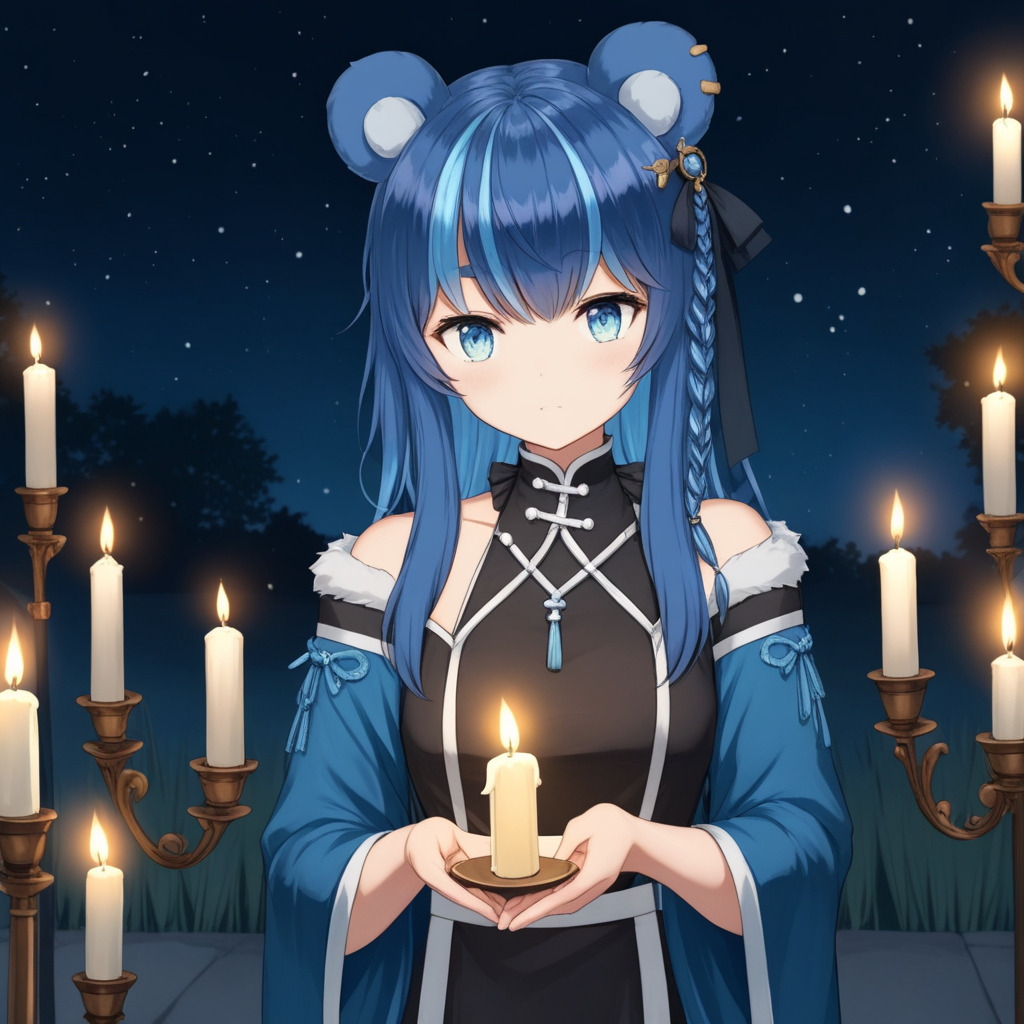 uruka, alternative outfit, bear ears, blue hair, blue eyes, fluff,
outside, night, shading, SSAO, best quality, standing in front of lit candle,
 <lora:URUKA-XL-t4-000004:0.6>