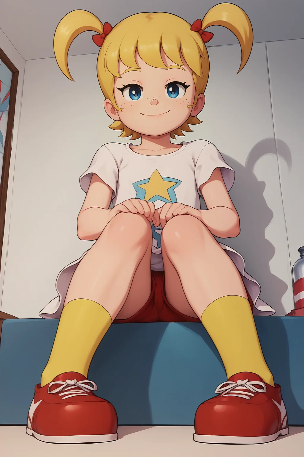 score_9, score_8_up, score_7_up, score_6_up, BREAK, ApoMMXL, blue eyes, blonde hair, short hair, bangs, twintails, red hair bow, freckles, flat chest, white dress, star print, short sleeves, red shorts, yellow socks, red shoes, solo, full body, sitting, bellow view, seductive smile, looking at viewer, indoors <lora:ApoMMXL:1>