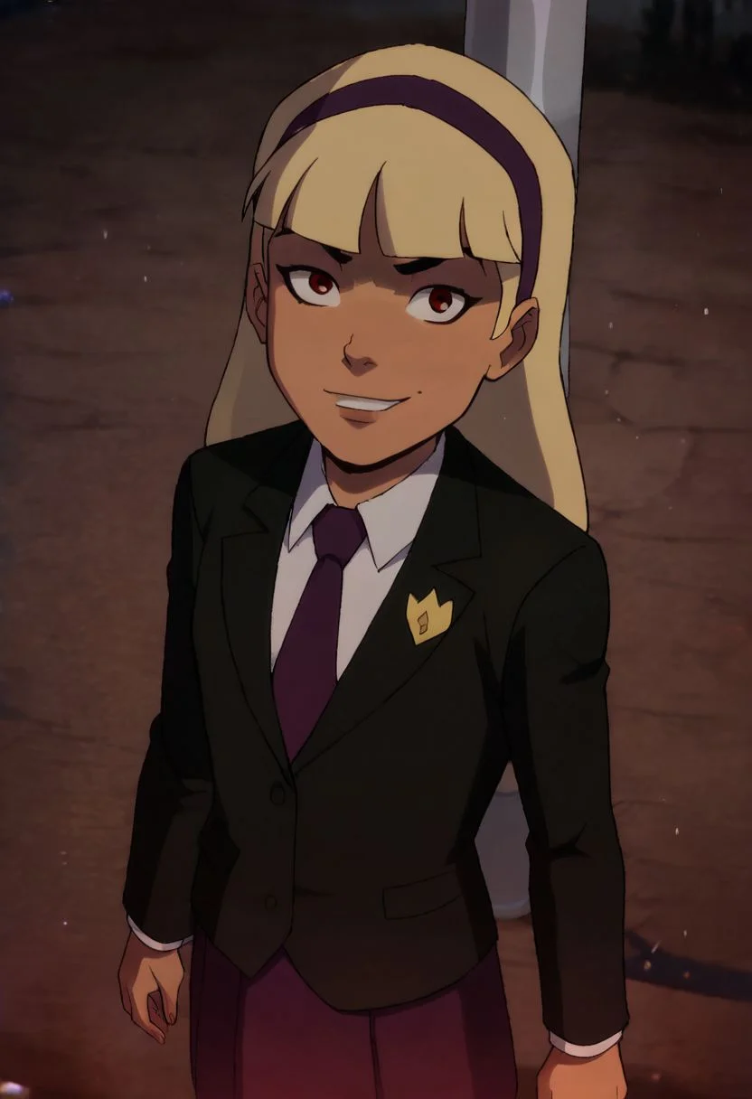 score_7, score_7_up, score_9, score_9_up, BREAK, DC__Young_Justice_Child, 1girl, blond hair, red eyes, purple hairband, white shirt, black coat, red tie, insignia on coat, smug smile, <lora:DC__Young_Justice_Child:0.8> looking up at viewer, from above, arched back, cowboy shot, solo, stripper, stripper pole, pole dancing,