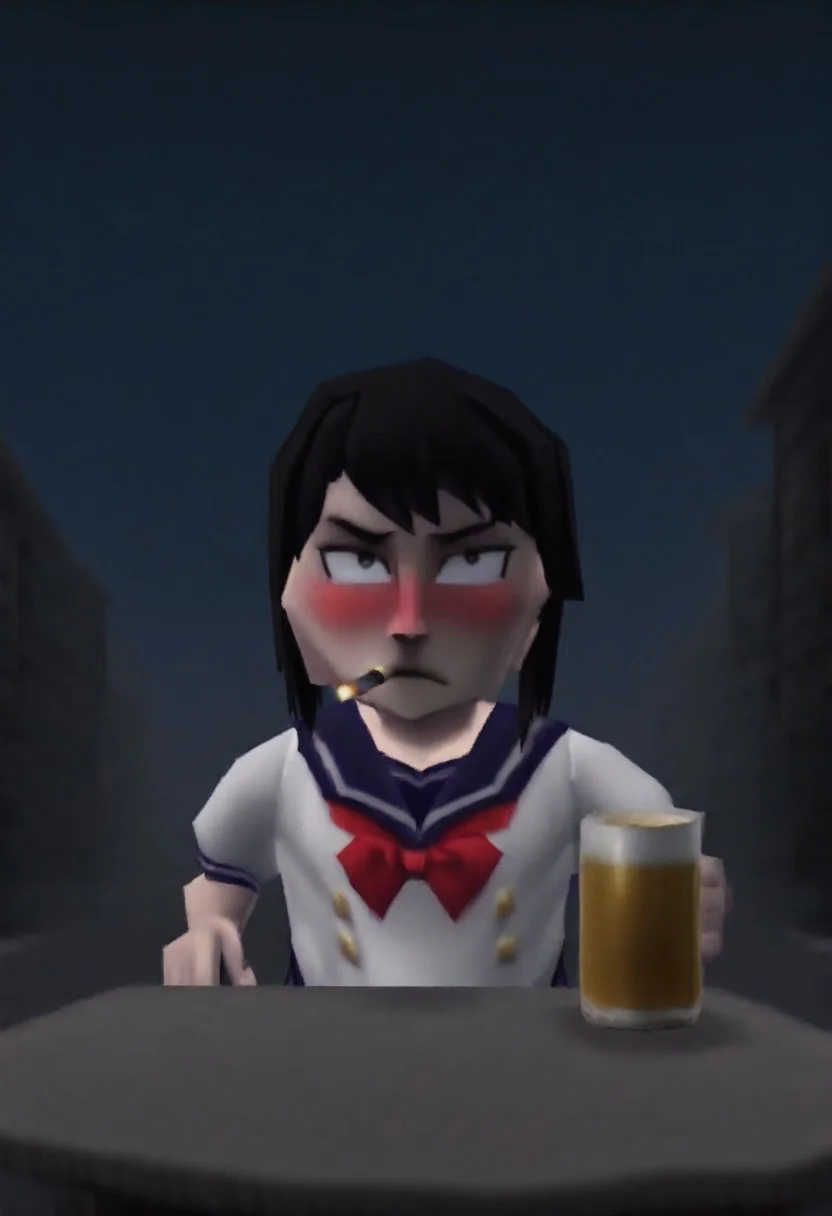 n64style, low poly, 3d, blurry, vhs artifacts, low quality, bad quality, yanderechan, smoking cigarette, holding, beer, 1girl, solo, outdoors, night, close-up, drunk, blush, frown, squinting, sailor school uniform, red bow, annoyed, disapproving