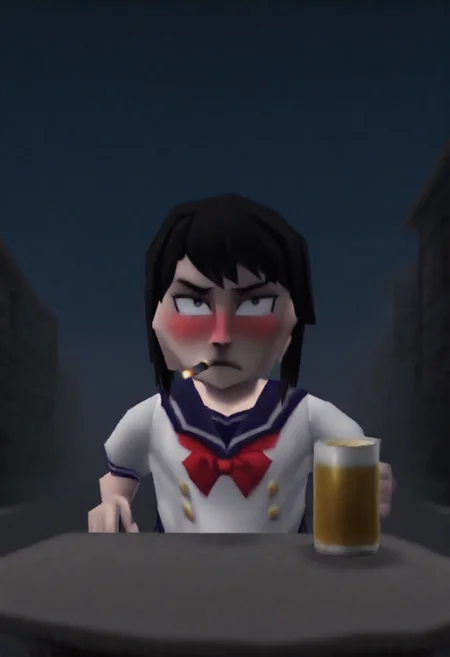 n64style, low poly, 3d, blurry, vhs artifacts, low quality, bad quality, yanderechan, smoking cigarette, holding, beer, 1girl, solo, outdoors, night, close-up, drunk, blush, frown, squinting, sailor school uniform, red bow, annoyed, disapproving