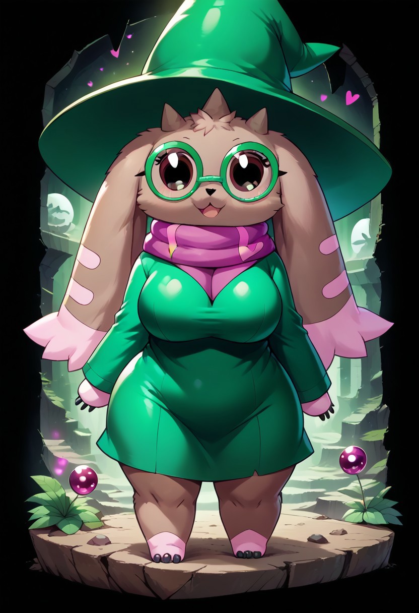 ((score_9, score_8_up, score_7_up, best quality, masterpiece, smooth shading, GhostlyStyle, MegaFluffyPony, furry, fluffy, ITMStyle, solo, full body)) (((cave, ruins, plants, easynegative, front view))), (((female, anthro Digimon, lopmon_(Digimon):1.00))), ((brown fur, horns, drooping ears, small tail, black eyes, eyelashes)), ((ralseifit, green hat, green glasses, round eyewear, magenta scarf, wizard hat, long sleeves, heart sprint, black heart, green dress, short dress:1.45)), ((happy, posing)), ((big hips, big breasts, voluptuous:1.25))