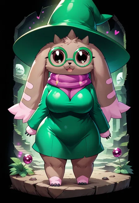 ((score_9, score_8_up, score_7_up, best quality, masterpiece, smooth shading, GhostlyStyle, MegaFluffyPony, furry, fluffy, ITMStyle, solo, full body)) (((cave, ruins, plants, easynegative, front view))), (((female, anthro Digimon, lopmon_(Digimon):1.00))), ((brown fur, horns, drooping ears, small tail, black eyes, eyelashes)), ((ralseifit, green hat, green glasses, round eyewear, magenta scarf, wizard hat, long sleeves, heart sprint, black heart, green dress, short dress:1.45)), ((happy, posing)), ((big hips, big breasts, voluptuous:1.25))