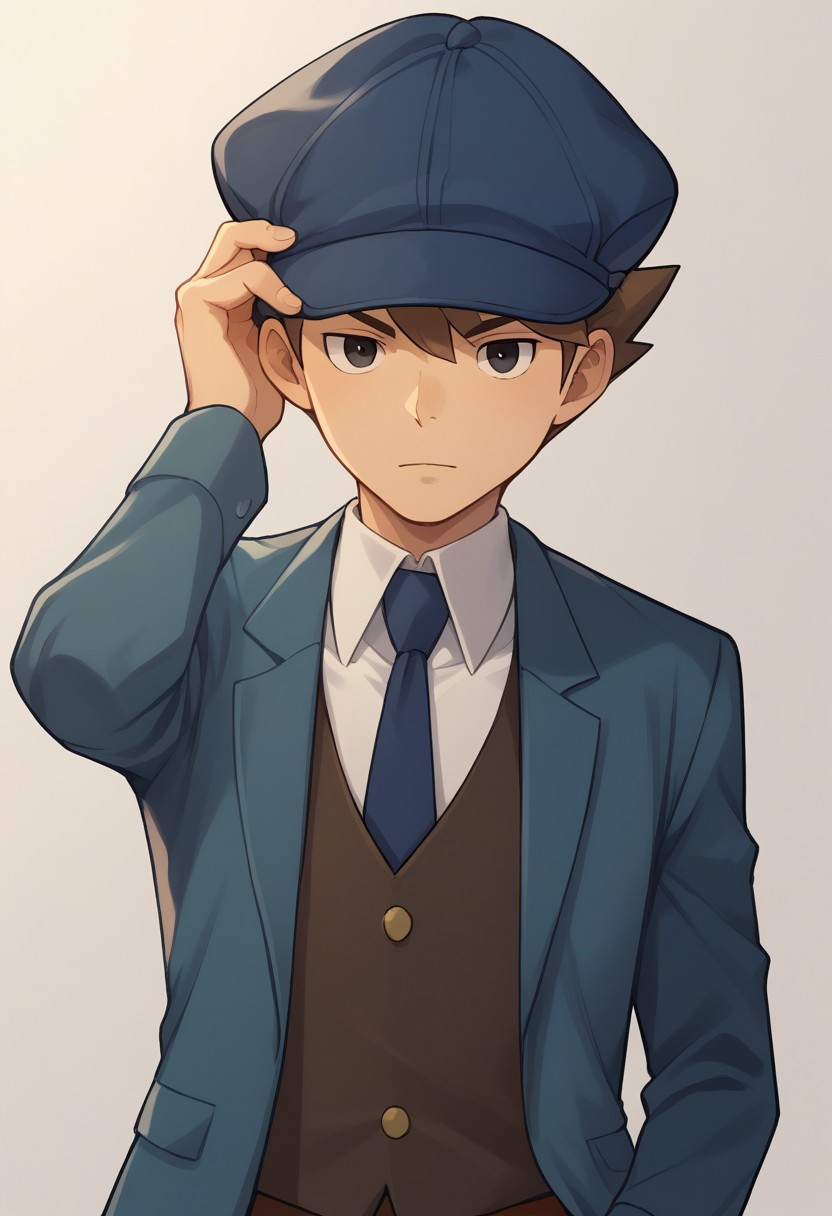 score_9, score_8_up, score_7_up, source_anime, highly detailed,
clive, 1boy, male focus, solo, hat, brown hair, necktie, black eyes, blue headwear,
blue necktie, upper body, jacket, adjusting clothes, looking at viewer, formal,
vest, adjusting headwear,