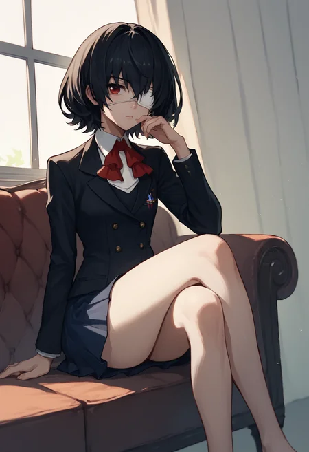 score_9, score_8_up, score_7_up,  source anime,  1girl, mskr, black hair, short hair, red eyes, eyepatch, red ascot, black blazer, dark blue skirt, short skirt,  sitting, crossed legs,  <lora:Misaki Mei REX-000008:1>