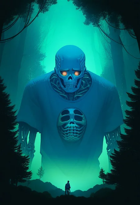 score_9, score_8_up, score_7_up, score_6_up, score_5_up, flat color, sinozick style, john kafka, (1man, blue skeleton), cool shirt, (forest, giant, CR33P1NGF0G, fog)