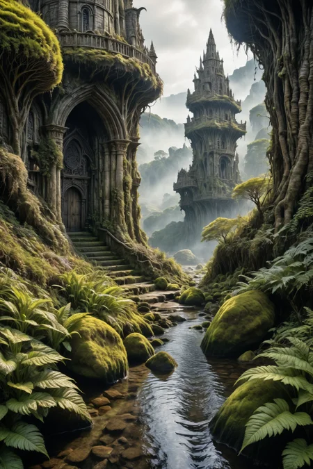 by  Ian Miller , by  Jason Edmiston , by  Tony DiTerlizzi  ,   landscape  ,  hyperdetailed photography , shallow depth of field  <lora:more_art:0.30><lora:clothing_slider:2.00><lora:great_lighting:1.30><lora:aesthetic:1.15><lora:photorealistic_portrait:1.25><lora:RMSDXL_Enhance:0.45><lora:RMSDXL_Creative:0.35><lora:RMSDXL_Photo:0.45><lora:RMSDXL_Darkness_Cinema:0.50><lora:XDetail_heavy:0.45><lora:perfect_eyes:0.15><lora:perfect_hands:0.15><lora:midjourney:-0.15><lora:looking_at_viewer:0.75><lora:dpo:0.25>