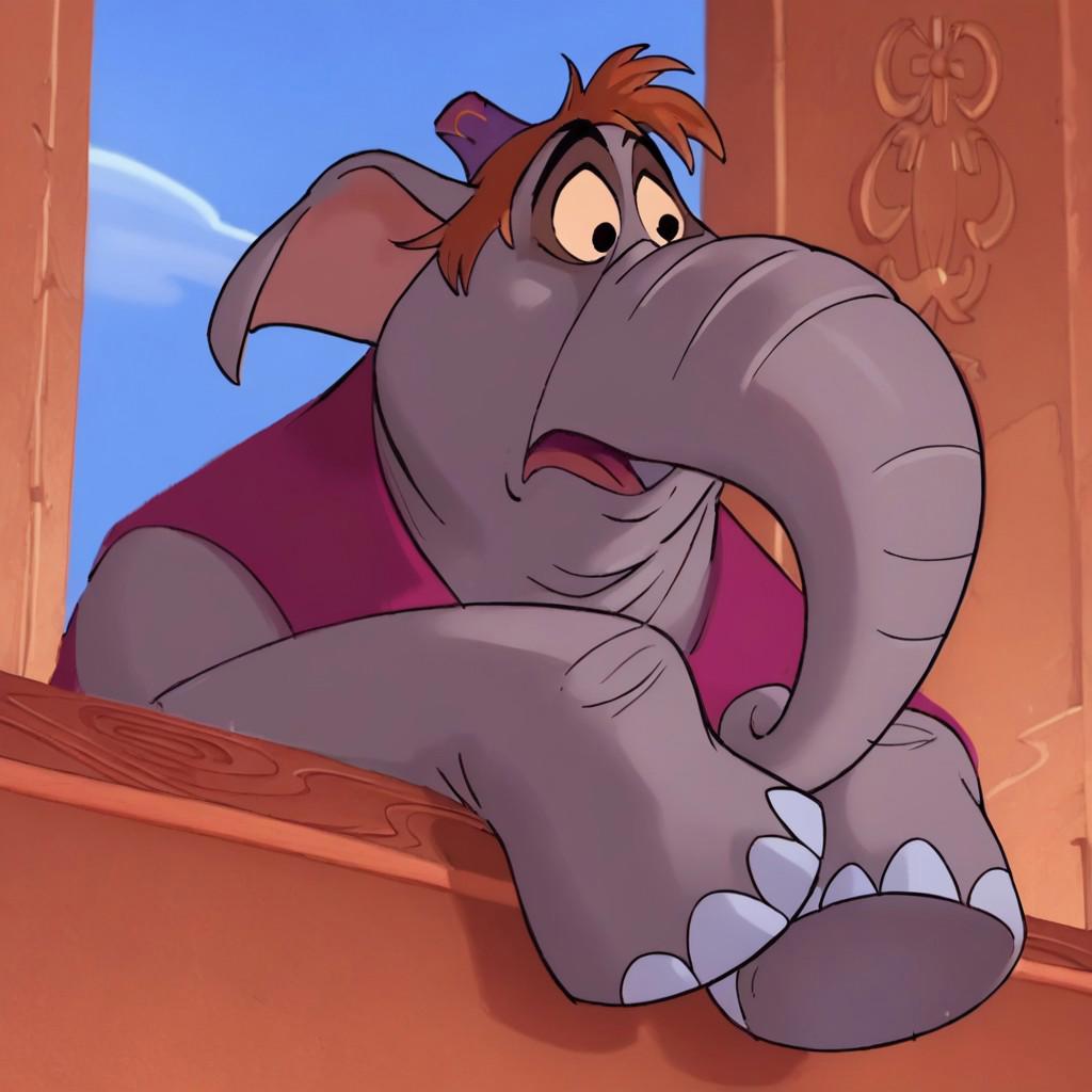 (score_9 | score_8_up | score_7_up) ((masterpiece:1))(best quality,very high quality,ultra detailed:1.2) (2D,cartoon style,anime style)(Smooth:2)(clean blurring) (four fingers on each hand,one thumb on each hand:1), Abu elephant, elephant, solo, brown hair, grey skin, black eyes, trunk, trunk nose, elephant trunk, elephant ears, monkey tail, purple vest, red and purple hat