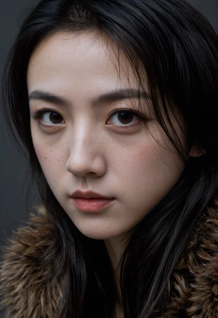 A close-up shot shows a woman with dark hair pulled back from her face, revealing her forehead and temples, and dark eyebrows above her brown eyes. Her skin appears textured with visible pores and some freckles, particularly on her forehead and cheeks. She has a prominent nose and her lips are closed. She is wearing a dark garment with a large, fluffy brown and black fur collar that surrounds her neck and shoulders. The background is a dark, blurred grey.