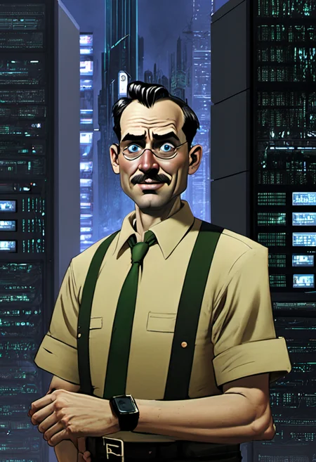 <lora:BillMatheson:.5> A BillMatheson man hacking into a dystopian city's mainframe to restore freedom to the citizens