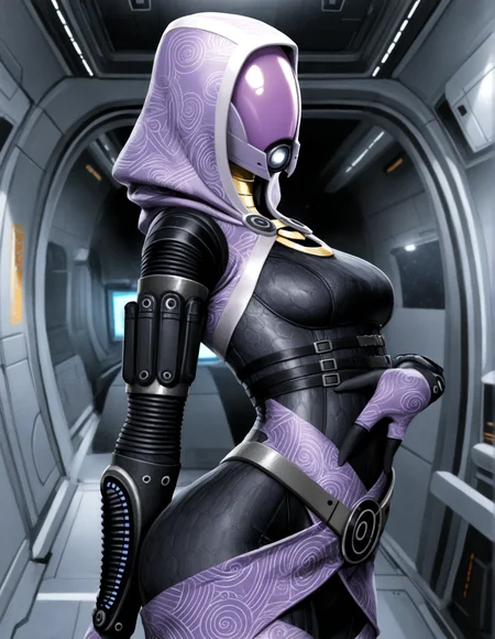 <lora:tali'zorah_noobv11eps_v1:1> (masterpiece, best quality, highres, absurd res, newest), (tali'zorah, quarian:1.2), alien, alien humanoid, (3 fingers:1.2), 2 fingers, (belt:1.2), biped, bodysuit, clothed, clothing, female, fully clothed, hood, mask, motion lines, not furry, pattern clothing, skinsuit, solo, standing, tight clothing, detailed background, inside, spacecraft interior, spacecraft, three-quarter portrait, breasts, wide hips, medium breasts, (upper body:1.1), tall female,âââ eyeless, (knock-kneed, pose, pinup:1.1), (hand on stomach:1.1) , from side, side viewâââ