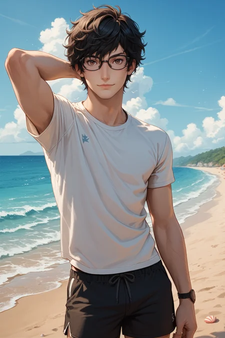 score_9, score_8_up, score_7_up, score_6_up
<lora:P5Ren:0.8>
P5Ren, 1boy, black hair, wavy hair, brown eyes, short hair, glasses, looking at viewer, beach, arm behind head, shorts, smirk