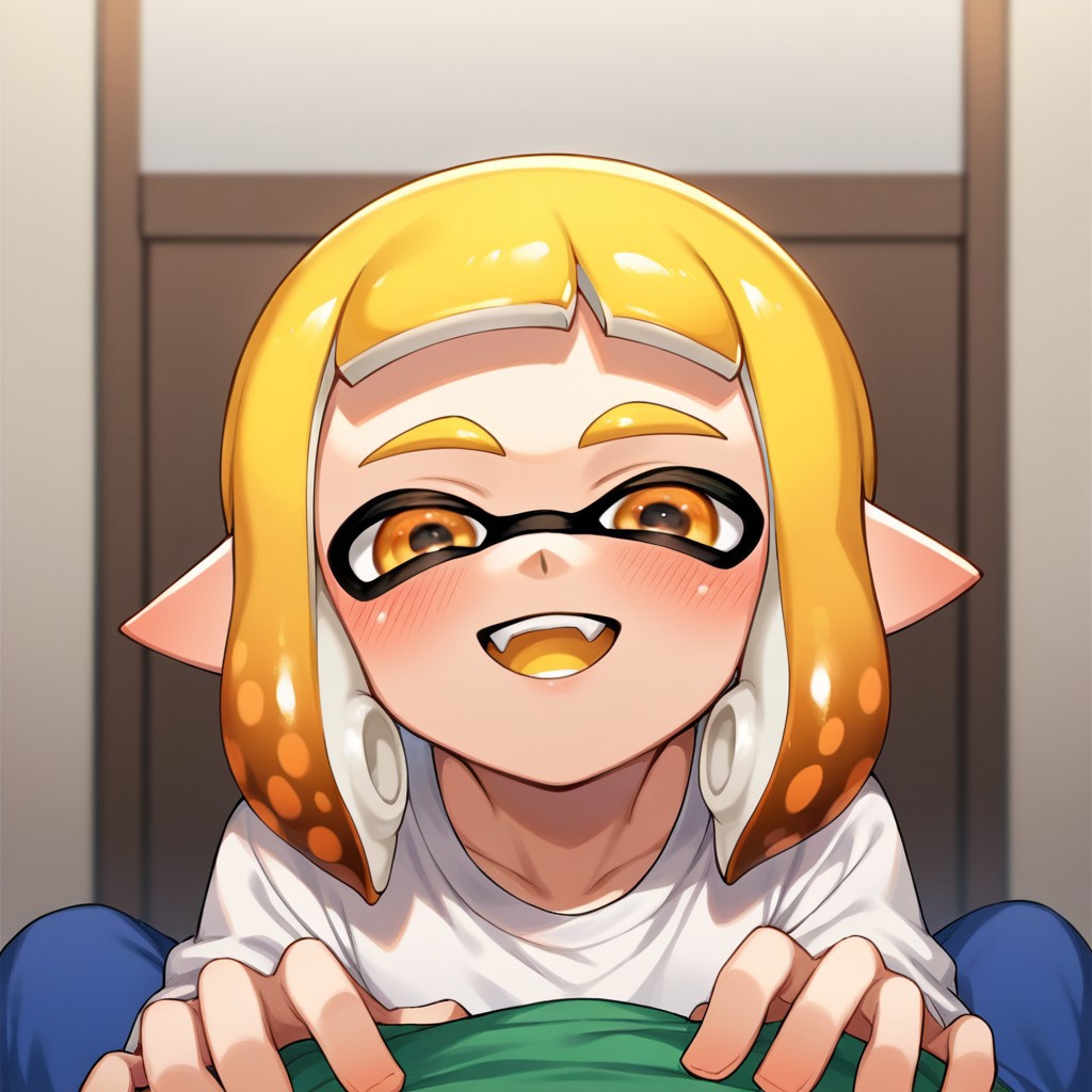 score_9, score_8, score_7, source_anime, inkling boy, POV, looking at viewer, blush, smile, open mouth, upper teeth only