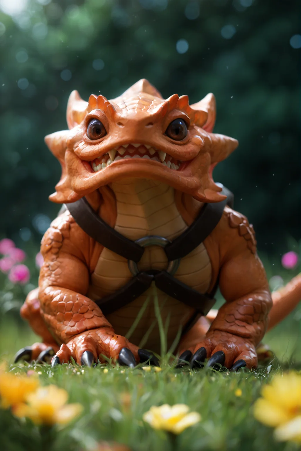 <lora:mortimer_v1:1>
mortimer_v1,
no humans, pokemon \(creature\)
black eyes, claws, fangs, scales,
black eyes, brown eyes,
colored skin, scales,
teeth, sharp teeth, claws,, score_9, score_8_up, score_7_up, solo,
green grass, expanse of colorful flowers,low angle, sitting, blush,
blur censor, blurry, blurry background, blurry foreground, bokeh, motion blur,
chromatic aberration, depth of field, figure, focused, focus