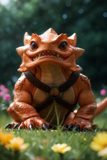 <lora:mortimer_v1:1>
mortimer_v1,
no humans, pokemon \(creature\)
black eyes, claws, fangs, scales,
black eyes, brown eyes,
colored skin, scales,
teeth, sharp teeth, claws,, score_9, score_8_up, score_7_up, solo,
green grass, expanse of colorful flowers,low angle, sitting, blush,
blur censor, blurry, blurry background, blurry foreground, bokeh, motion blur,
chromatic aberration, depth of field, figure, focused, focus