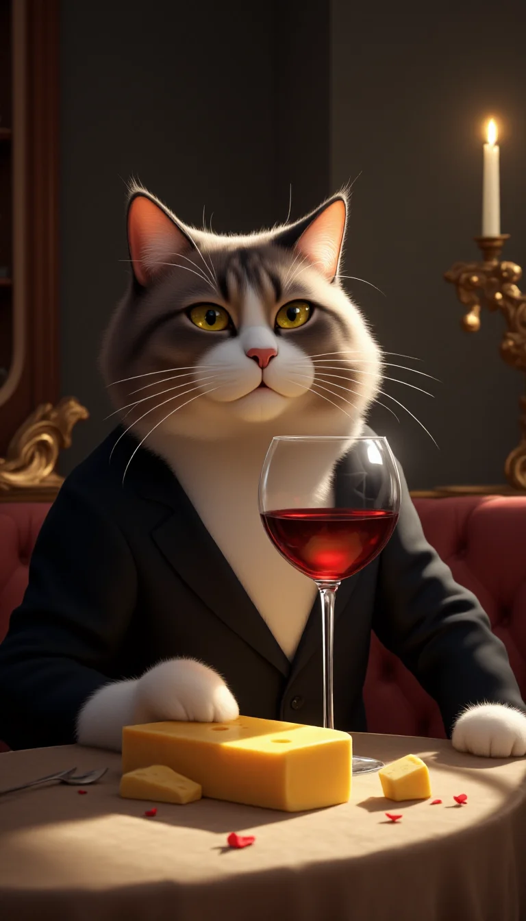 a elegant cat drinking a glass of wine, with cheese on the table, by Stjepan Sejic