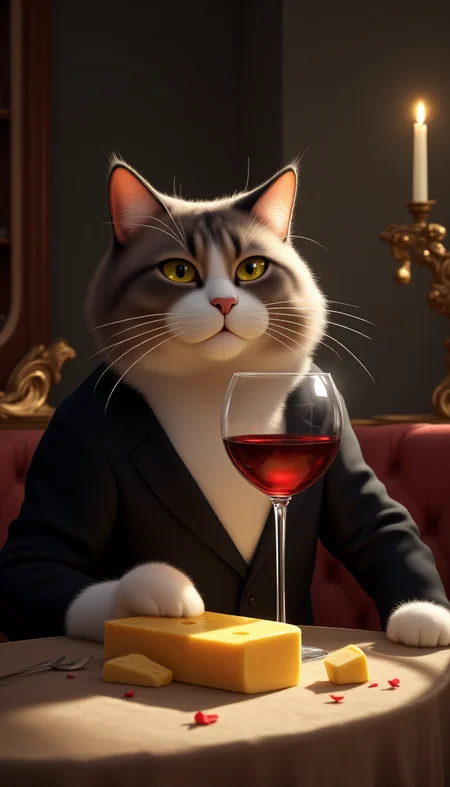 a elegant cat drinking a glass of wine, with cheese on the table, by Stjepan Sejic