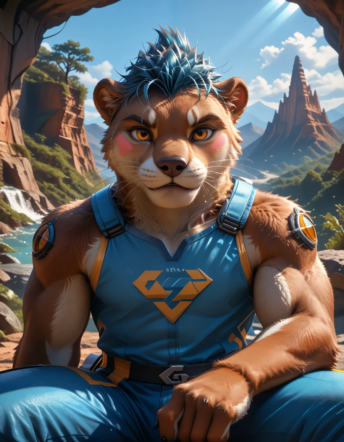 score_9, score_8_up, score_7_up, rating_safe, detailed, <lora:add-detail-xl:1.0>, solo, anthro, furry, <lora:ottis_the_otter_v1-09.safetensors:1.0>, ott1s_the_0tter, 1boy, solo, male focus, clothing (pov, reclining fighting pose hand on thigh looking aside, blush stickers, canyon tower light beam tornado:1.15)