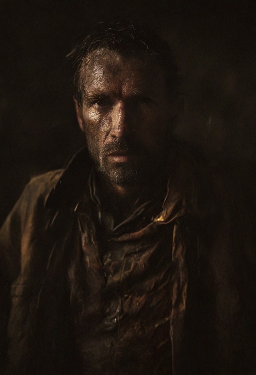 (color photography by Dorothea Lange art style:1.2), FRESHIDEAS Real Photography 2#, chiaroscuro,  low-key, great lighting, Weathered 17th-century retired sailor’s face, reminiscent of Rembrandt’s subjects, with a rugged, leathery complexion, deep-set eyes, and a strong, angular jawline, etched with hints of a thousand tales and the weight of memories. His face displays the lines of age, set against a backdrop of muted, earthy tones. Dramatic shadows cast an air of nostalgia, while the warm, golden hues of the fading dusk light spill across his face, resembling the soft, diffused glow of a setting sun. In the distance, a faint view of his old whaling ship with sails unfurled, other sailors busy at work, hauling in the day’s catch. The horizon glows warmly as the sun sets, casting an evocative, golden hue over the scene. His eyes gaze into the distance, recalling the adventures of a bygone era