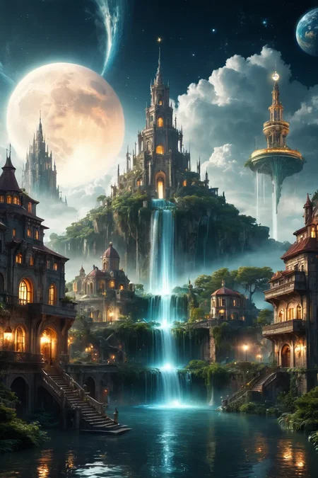 masterpiece, best quality, amazing quality, very aesthetic, absurdres, newest, unity 8k, blurry background, Depth of Field
scenery, planet, waterfall, fantasy, no humans, cloud, star (sky), castle, earth (planet), water, sky, floating island, city, space, outdoors, tower, starry sky, moon, cityscape, above clouds, city lights, building, architecture, fountain, science fiction
<lora:add-detail-xl:1> <lora:Fant5yP0ny:1>