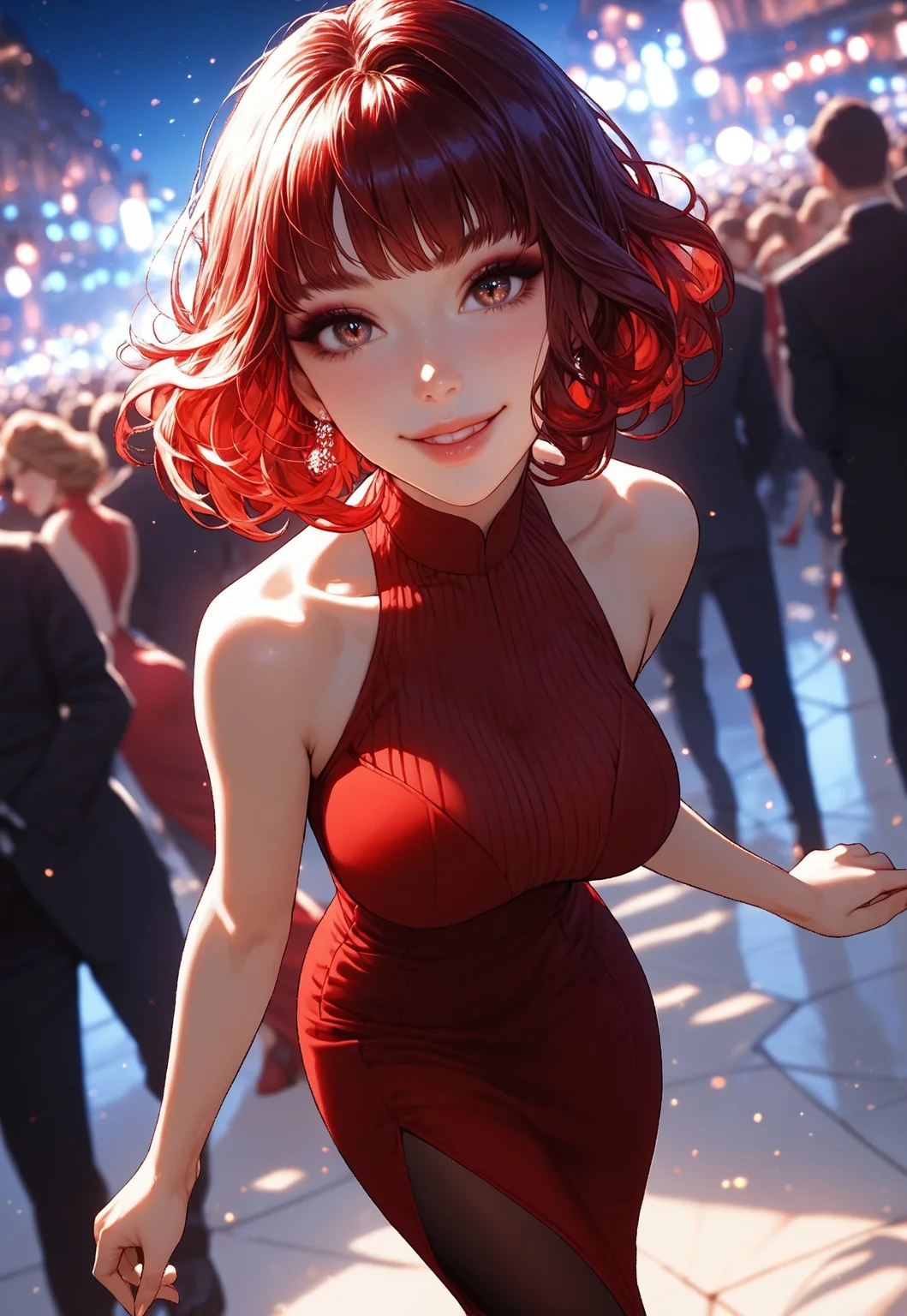 safe_pos, score_9, score_8_up, score_7_up, score_6_up, score_5_up, score_4_up, 1girl, (score_9, score_8_up:1.1) 1girl, 1girl, in red dress with neckline, red dress, red long lush hair, dark eyeshadow, short tangle hair, detailed skin, detailed character design, ultra-high resolution, perfectly composed, clear, dynamic angle, breathtaking attention to detail, highres, ultra detail, solo, portrait, BREAK,dancing, beautiful face, perfect face, beautiful eyes, detailed eyes, focus that breast, smiling, beautiful eye shadow, background,Solid colored dress with open shoulders and slit, elegant simple fit and flare dress, many people, stands out in the crowd, lights shining directly on her, perfect glow, night, beautiful glow, red heels on a very high platform, focus angle on her face, dark night,perfect face, detailed face, perfect facial features, sexy face, looking at the camera, beatiful face, round face, detailed face, medium breasts, round breasts, ideal breasts, cute face, round face, young face, fit body, big breasts, perfect ass, sweet ass, fit ass,leggings, arching ass, smokey black eyeshadow, long eyelashes, eyeliner,full lips, close up on face, face close up, perfect hands,depth of field,blurred background close camera,outs, natural lighting, detailed background, light coming,rtx on, rtx,dark night glow, closed camera on face,higher camera,