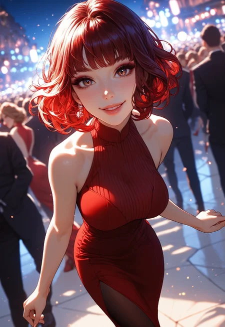safe_pos, score_9, score_8_up, score_7_up, score_6_up, score_5_up, score_4_up, 1girl, (score_9, score_8_up:1.1) 1girl, 1girl, in red dress with neckline, red dress, red long lush hair, dark eyeshadow, short tangle hair, detailed skin, detailed character design, ultra-high resolution, perfectly composed, clear, dynamic angle, breathtaking attention to detail, highres, ultra detail, solo, portrait, BREAK,dancing, beautiful face, perfect face, beautiful eyes, detailed eyes, focus that breast, smiling, beautiful eye shadow, background,Solid colored dress with open shoulders and slit, elegant simple fit and flare dress, many people, stands out in the crowd, lights shining directly on her, perfect glow, night, beautiful glow, red heels on a very high platform, focus angle on her face, dark night,perfect face, detailed face, perfect facial features, sexy face, looking at the camera, beatiful face, round face, detailed face, medium breasts, round breasts, ideal breasts, cute face, round face, young face, fit body, big breasts, perfect ass, sweet ass, fit ass,leggings, arching ass, smokey black eyeshadow, long eyelashes, eyeliner,full lips, close up on face, face close up, perfect hands,depth of field,blurred background close camera,outs, natural lighting, detailed background, light coming,rtx on, rtx,dark night glow, closed camera on face,higher camera,