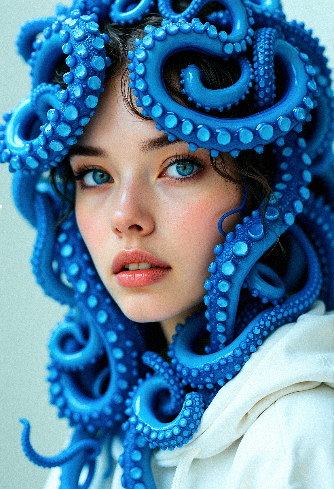 Envision a hyper-realistic of a glamorous beauty with piercing blue eyes, her face adorned by vibrant blue octopus tentacles that entwine around her neck and shoulders.Her hair are made purely from blue tentacles. The tentacles should be rendered with extreme detail, capturing their glossy, textured surface and the intricate patterns of the suction cups. Her pale skin should be softly illuminated, contrasting with the boldness of the blue tentacles, as she wears a white hoodie with subtle, sketch-like folds that add an artistic layer to the realism. Her expression should convey a sense of wonder, with slightly parted lips and a calm demeanor, as if the tentacles are a natural extension of herself. The background should have a gentle blur, bringing sharp focus to the lifelike textures and intricate details of the tentacles and her delicate features, creating a seamless blend of surrealism and photorealism.

With her head slightly tilted to the left, tentacles draping over her shoulders as she gazes directly at the viewer, her piercing blue eyes calm and serene.
