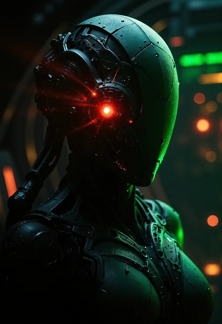 analog film photo . Depict Captain Picard as Locutus of Borg from Star Trek. He is a Borg drone with intricate mechanical augmentations, including cybernetic implants on his head and body. A red laser beam emits from his eye implant, glowing ominously. He stands inside a dark, metallic Borg cube environment, with black and green hues and sharp geometric structures. The background features complex, futuristic machinery and glowing green interfaces, evoking the cold, oppressive atmosphere of a Borg starship. detailmaximizer, <lora:aidmaImageUpgrader-FLUX-V0.1.safetensors:1.0>, <lora:flux_sparklycism.safetensors:0.33>, <lora:- Flux1 - vanta_black_V1.0.safetensors:0.75>, <lora:dark_fantasy_flux.safetensors:0.5>, <lora:ARTifacts.safetensors:0.5>, . faded film, desaturated, 35mm photo, grainy, vignette, vintage, Kodachrome, Lomography, stained, highly detailed, found footage