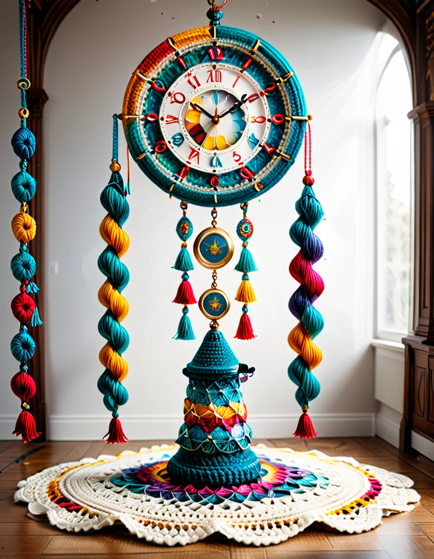 A massive crocheted clock suspended in an empty void, with unraveling hands shedding threads that pile on the floor; crocheted hourglasses releasing infinite cascading yarn; surreal, contemplative, melancholic atmosphere; soft textures contrasted with dynamic unraveling; intricate, symbolic, and visually poetic. <lora:SDXLFaeTastic2400:0.4> <lora:extremely_detailed:0.4> extremely detailed, <lora:cr0ch3t3d:1>,cr0ch3t3d, Masterpiece,best quality,hi res,8k,hi res,8k,award winning,(sharp focus, intricate, highly detailed),