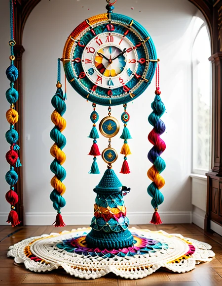 A massive crocheted clock suspended in an empty void, with unraveling hands shedding threads that pile on the floor; crocheted hourglasses releasing infinite cascading yarn; surreal, contemplative, melancholic atmosphere; soft textures contrasted with dynamic unraveling; intricate, symbolic, and visually poetic. <lora:SDXLFaeTastic2400:0.4> <lora:extremely_detailed:0.4> extremely detailed, <lora:cr0ch3t3d:1>,cr0ch3t3d, Masterpiece,best quality,hi res,8k,hi res,8k,award winning,(sharp focus, intricate, highly detailed),