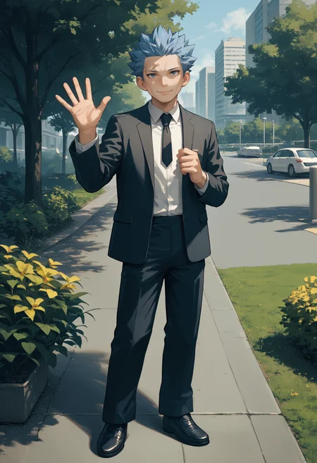 score_9, score_8_up,score_7_up, source_anime, 1boy, solo, akagi,
short hair, blue hair, blue eyes,
business suit, black jacket, white shirt, black necktie, black pants, shoes, black footwear,
outdoors, park, hand up, waving, smile,
<lora:cyrs_pdxl_EliPot:1>