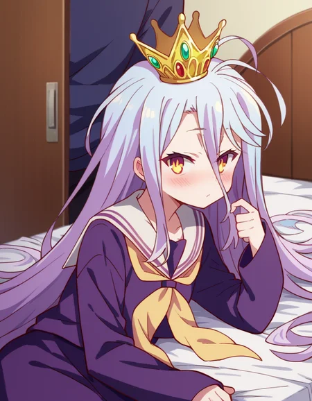 score_9, score_8_up, score_7_up, source_anime,
ngnlshiro, <lora:ngnl-shiro-s1-ponyxl-lora-nochekaiser:1>
shiro, long hair, hair between eyes, very long hair, white hair, messy hair, yellow eyes,
crown, shirt, long sleeves, school uniform, serafuku, sailor collar, neckerchief, white sailor collar, yellow neckerchief,
indoors, bed, bed room, on side, blush, drunk,
looking at viewer, dutch angle, cowboy shot