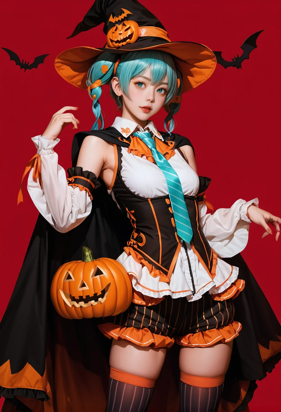 1girl,cowboy shot,red background,,ruanyi1053,aqua necktie,cape,detached sleeves,frills,halloween costume,jack-o'-lantern,vertical-striped thighhighs,vertical-striped shorts,<lora:1053 halloween costume_v1_pony:1>, score_9,score_8_up,score_7_up,,8k,1girl,solo,,