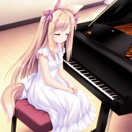 masterpiece, best quality, anime screencap, closed eyes, <lora:Mito_Kohaku_1_illu:1.0> Mito Kohaku, hair flower, hair ornament, hair bow, hair ribbon, fox ears, fox tail, <lora:girl_playing_a_piano:1> girl_and_piano, (playing instrument), instrument, piano, sitting, grand piano, bare hands, (white dress:1.2), hands on lap, smile, <lora:detailed hand focus style illustriousXL v1:1> detailed style, Detailed hand, Perfect hand, hand, short body