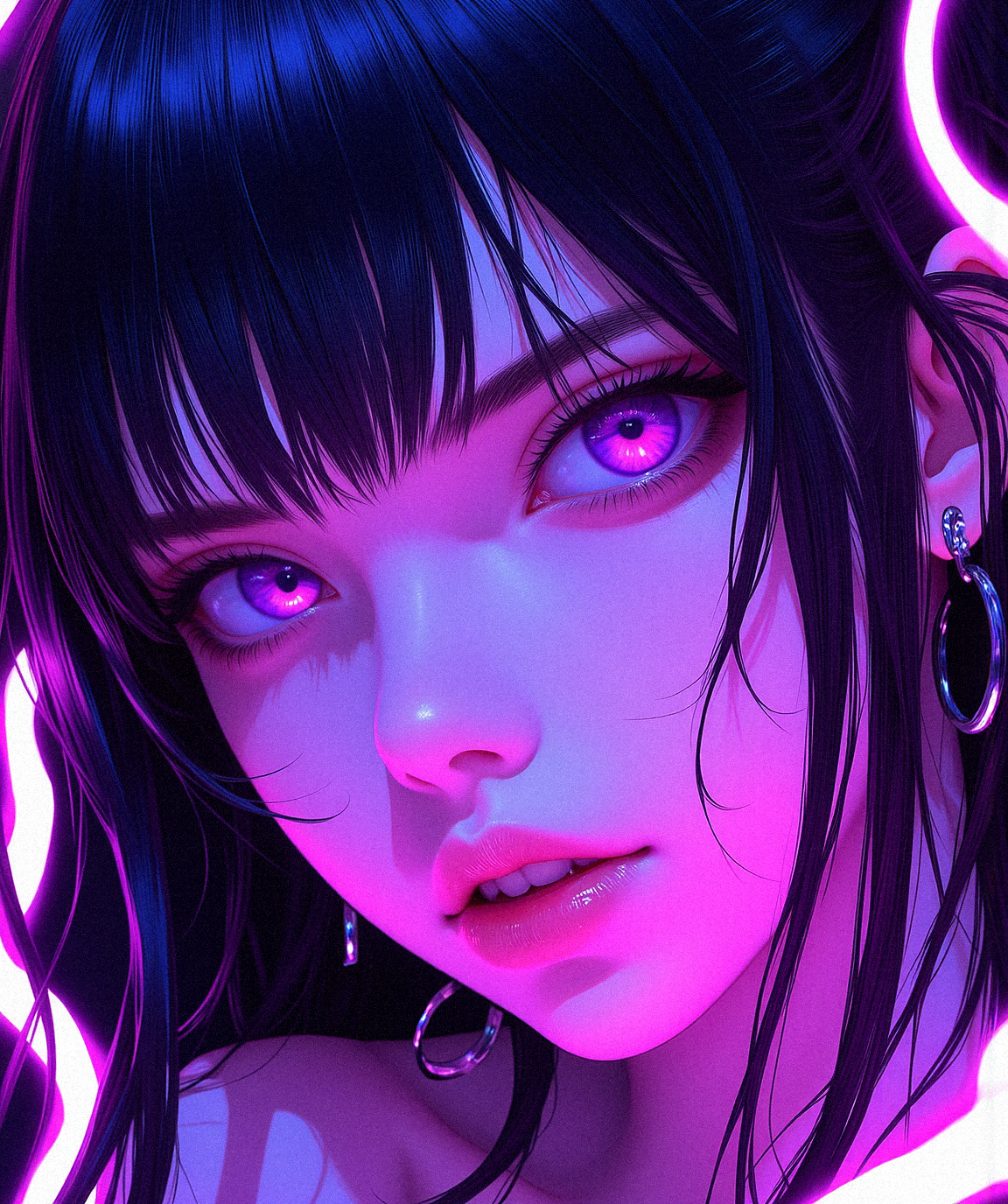 A detailed photorealistic shot of a vampire girl surrounded by fluid glowing lines, with soft reflections on her skin. The neon-like energy lines highlight her purple eyes and sharp fangs, adding to her mischievous charm.













