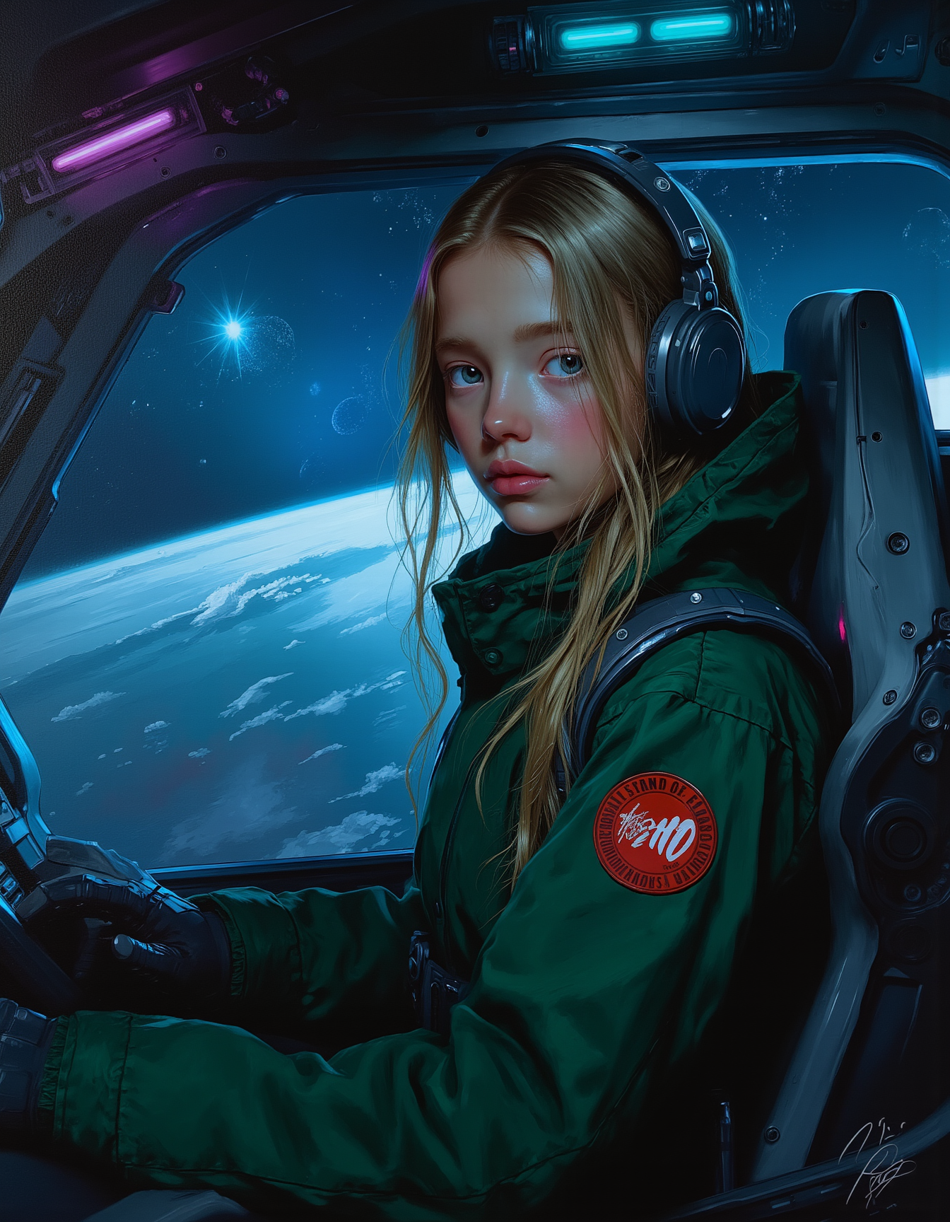 masterpiece, high quality, Oil Painting, Hyper-realistic, young teenage girl with sharp, determined eyes sits confidently inside the high-tech cockpit of a futuristic spaceship. She wears a sleek, flat green flight suit adorned with subtle patches and insignias, suggesting experience and rank. She has a delicate, angular features and luminous, almost ethereal white porcelain skin, and a focused expression. Her large, almond-shaped eyes are a striking shade of flame blue, framed by long lashes. She has long blond hair. She has a skinny and petite body. The cockpit glows with ambient neon lightsâdeep blues and purples blending with the soft reflections of holographic displays. The control panels are intricate, filled with touch-sensitive screens, mechanical switches, and an array of buttons, giving the impression of advanced aerospace technology. Through the curved, reinforced glass of the cockpit's viewport, a breathtaking celestial landscape unfoldsâdistant galaxies, twinkling stars, and a glowing nebula in the distance. The scene conveys a mix of adventure, precision, and a deep connection to space exploration. Masterpiece, intricate lines, intriguing atmosphere, sharp magnificent details, delicate features, elaborate details, (2/3 rule composition:0.5), ultra detailed, romantic, Rembrandt lighting, brush stroke, lovely, del1cate_balance style, in the style of Rembrandt. vantablack <lora:style_of_Rembrandt_FLUX_135:.8> <lora:- Flux1 - vanta_black_V2.0:.8> <lora:Delicate_Balance:.3> <lora:neeeg_f1:-1> <lora:SCI_FACTOR_COREV2:.6>