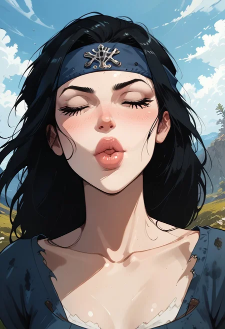 score_9, score_8_up, score_7_up,  BREAK, source_manga, source anime, (((extreme close up, eyes closed, lips puckered for a kiss))), detailed lips
BREAK
8K, detailed, s deathly pale white female nord of about 30 years old with pale greyish blue eyes with bags under them.  She has messy black hair falling over a dirty blue headband bandana, slightly toned arms and legs.   She has small breasts and wears a tattered blue medieval dress with the sleeves ripped off and the hem cut high.  
BREAK
Skyrim rolling hills background in sunset, skyrimlandscapes
