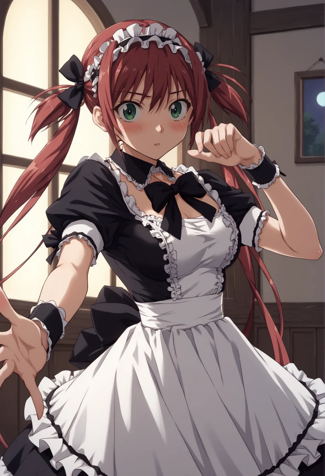 1girl, solo, long hair, twintails, red hair, green eyes, maid, maid headdress, maid apron, short sleeves, wrist cuffs, incoming kiss, close-up, blushing, indoors, hunted mansion, night, window, moon, reaching towards viewer, <lora:Airi_QB:1>, score_9, score_8_up, score_7_up, score_6_up, score_5_up, score_4_up, BREAK source_anime, masterpiece